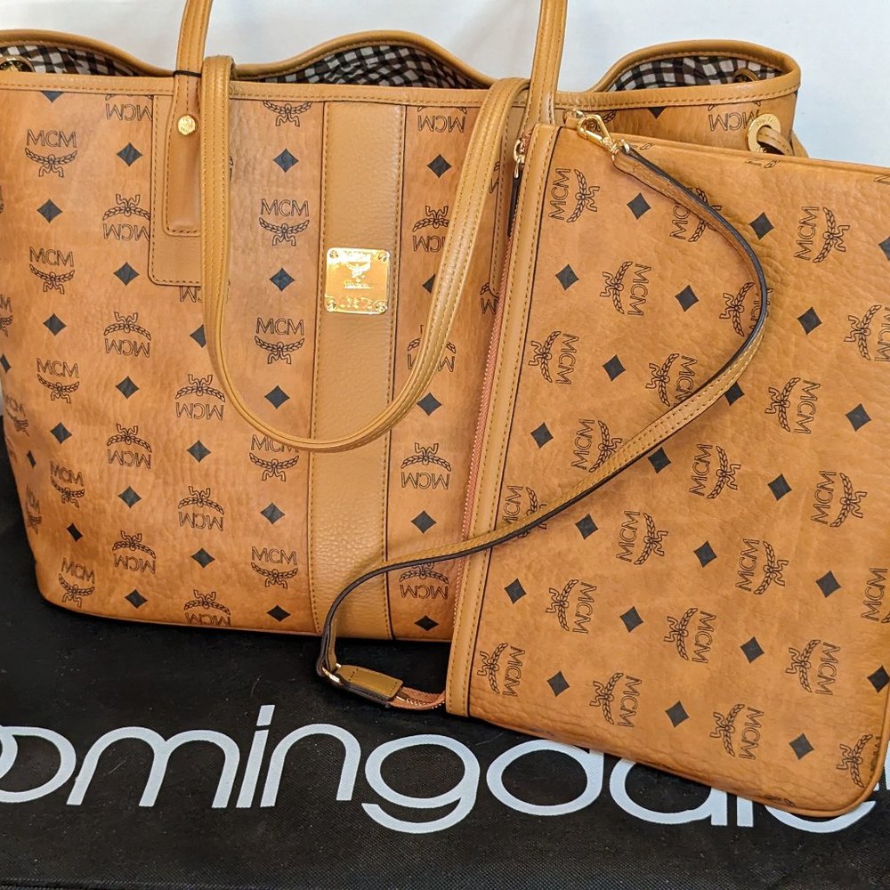 MCM Reversible Medium Liz Visetos Monogram Shopper with Removable Zip Pouch